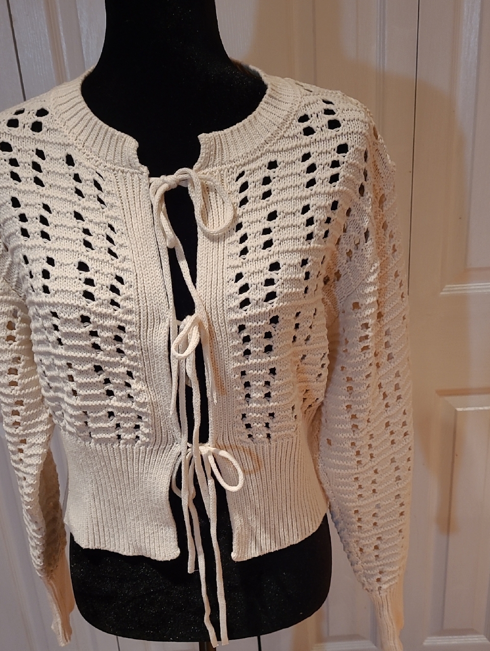 Jessica Simpson Cream Open-Knit Tie-Front Cardigan